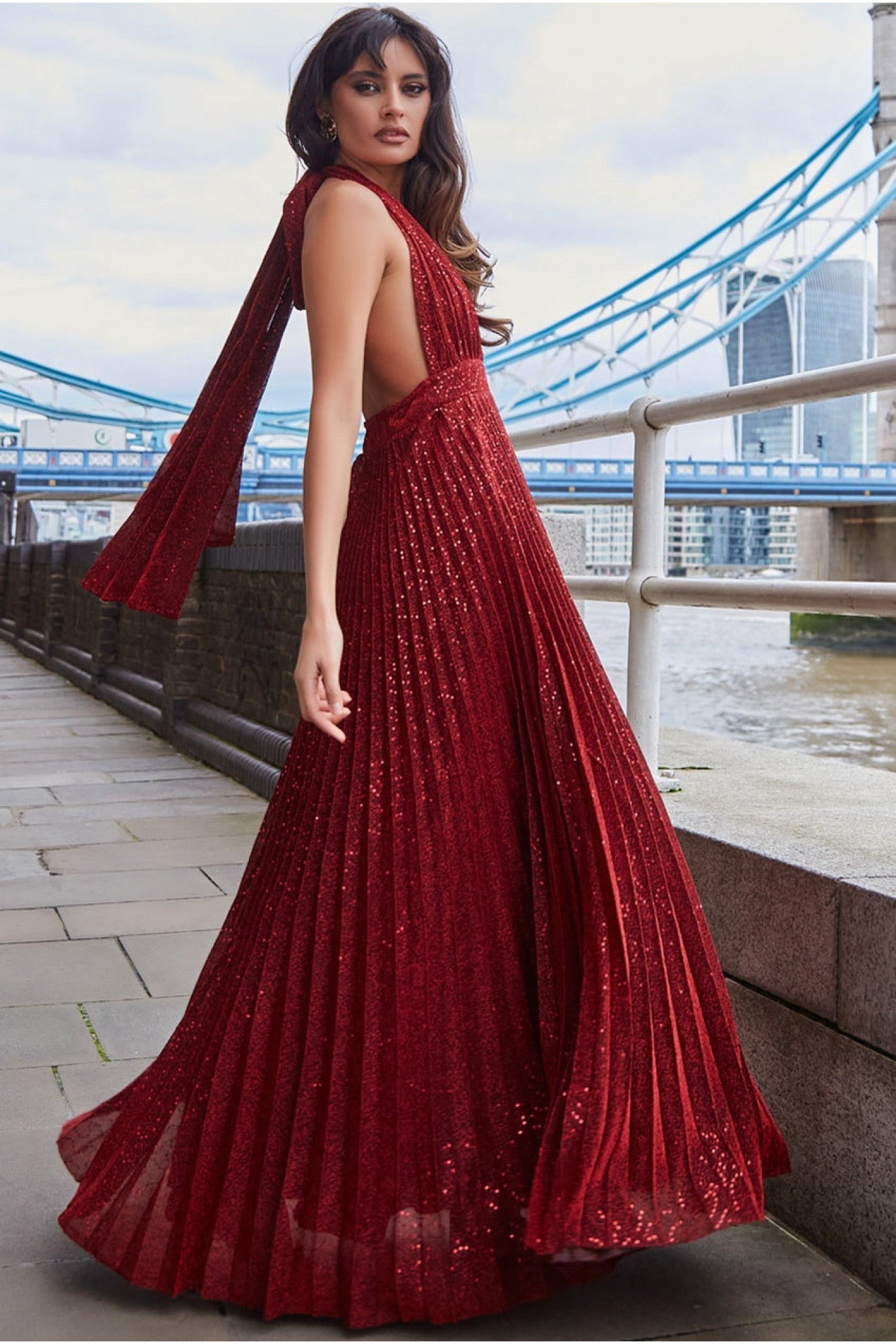 Goddiva Plunge Halterneck Sequin Lurex Maxi - Wine