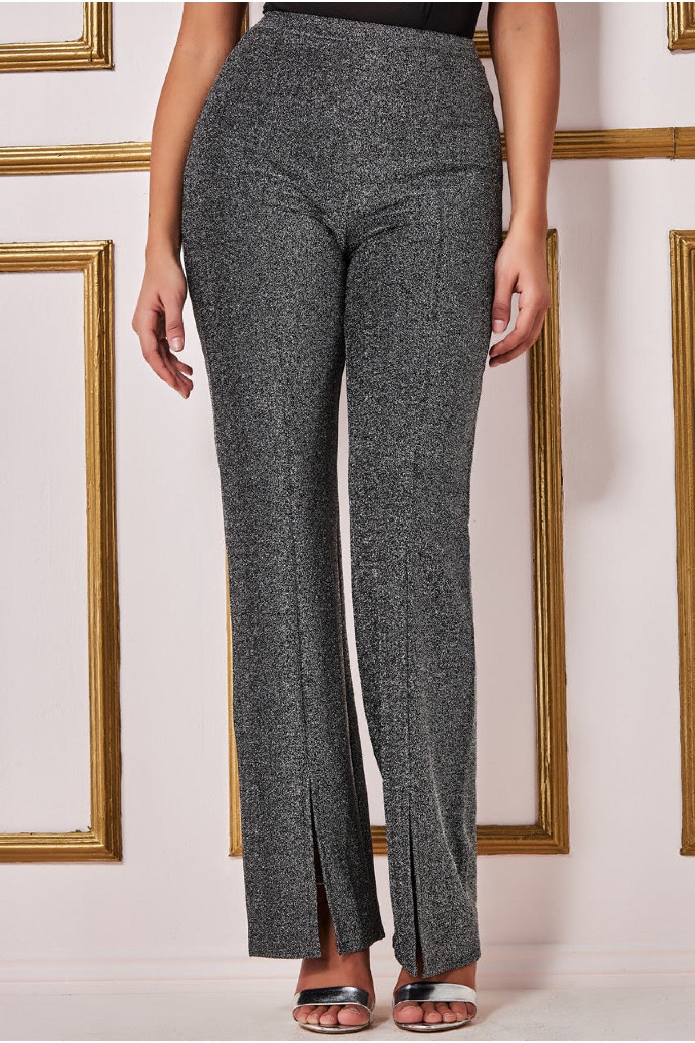 Image of Goddiva Wide Leg Lurex Trouser - Silver