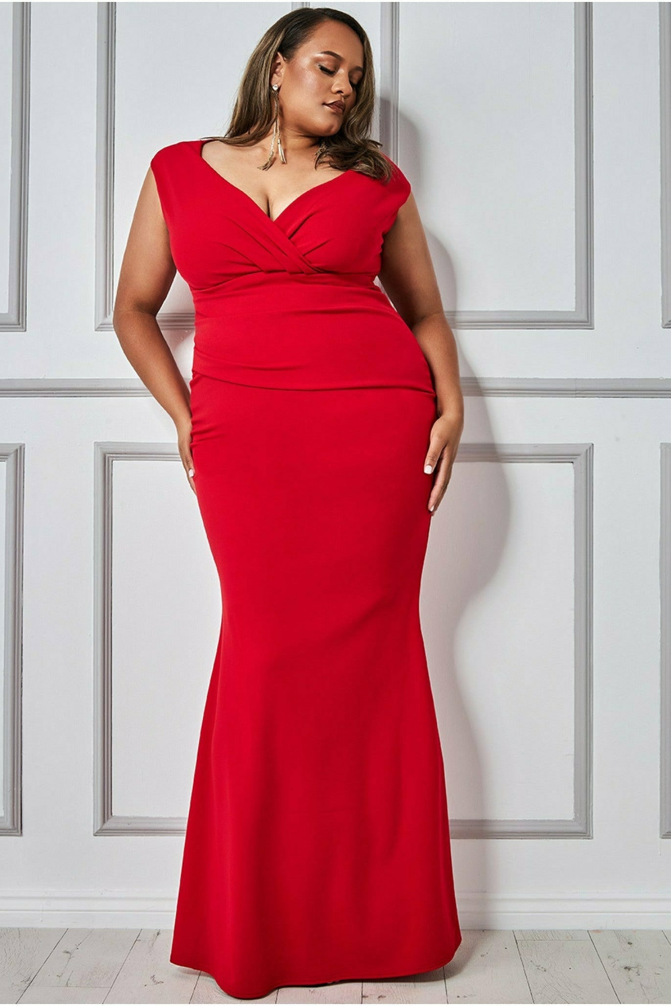 Image of Goddiva Plus Bardot Pleated Maxi Dress - Red