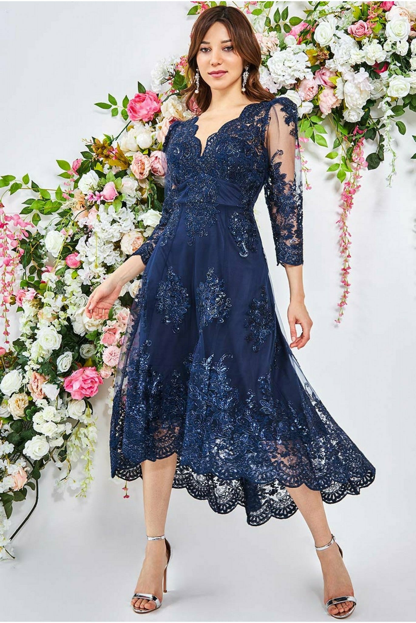 Goddiva Scalloped Lace High Low Midi Dress - Navy product