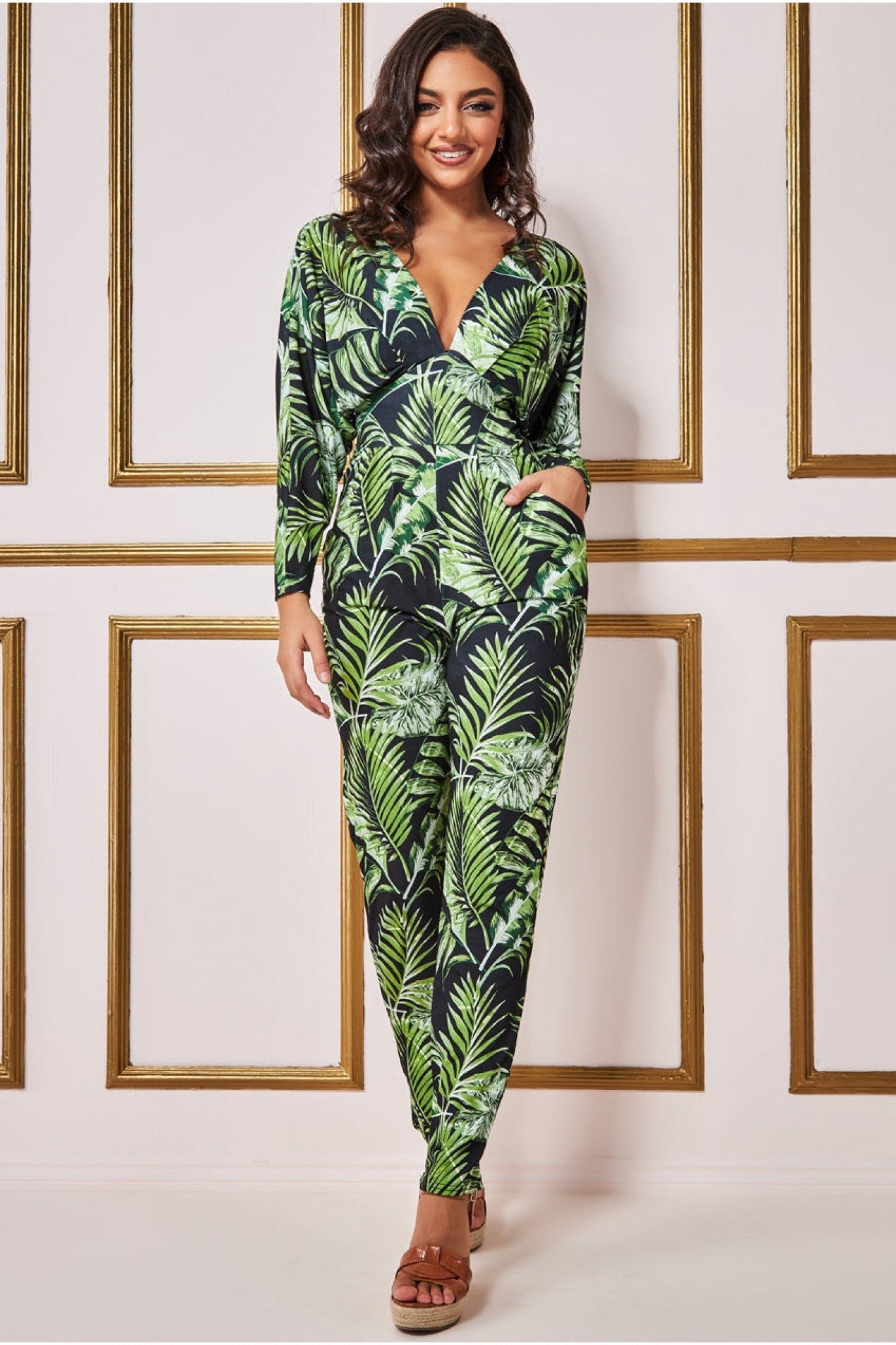 Goddiva Tropical Print Jumpsuit - Green