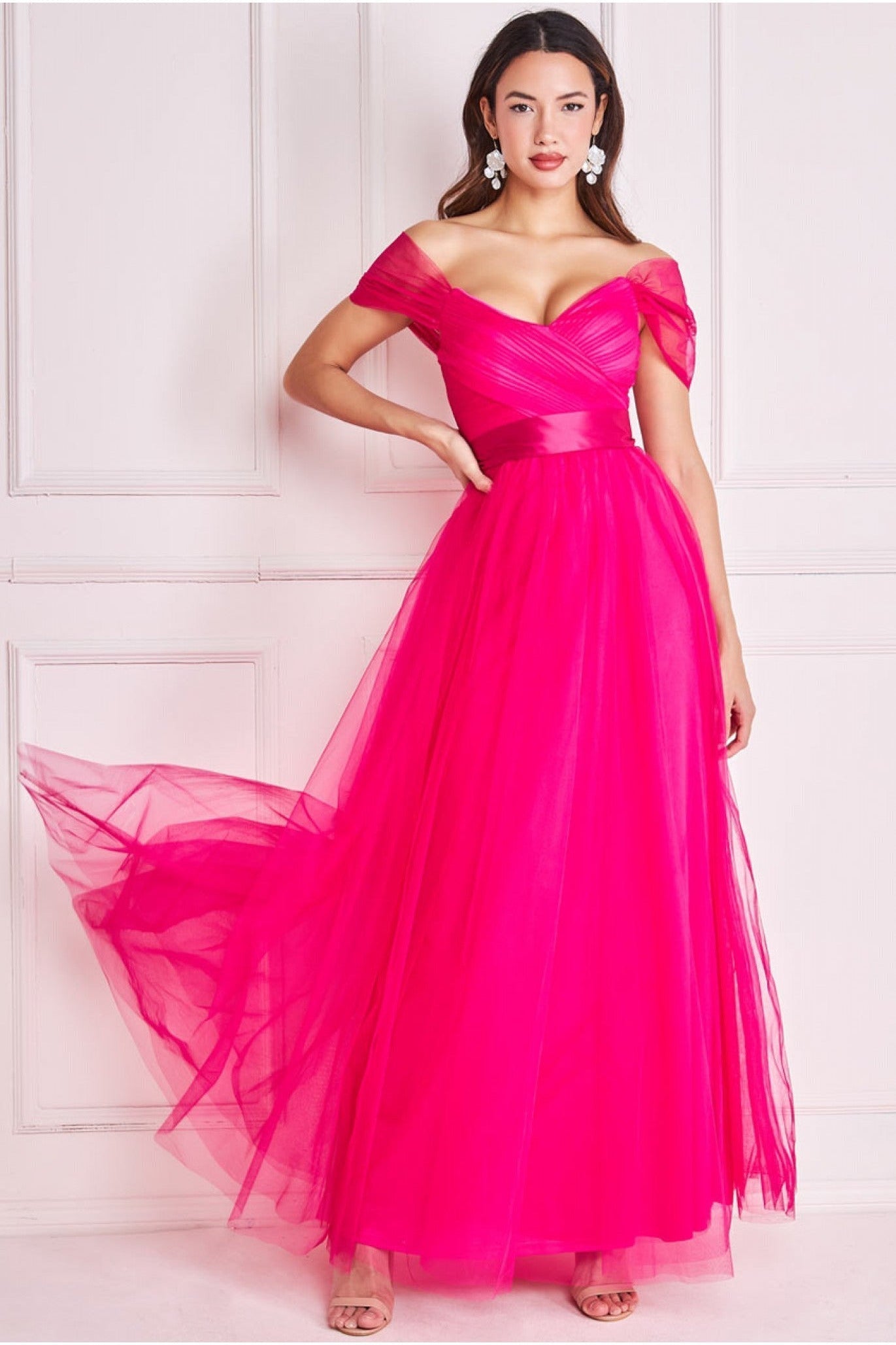 Goddiva Off The Shoulder Princess Maxi Dress - Hot Pink
