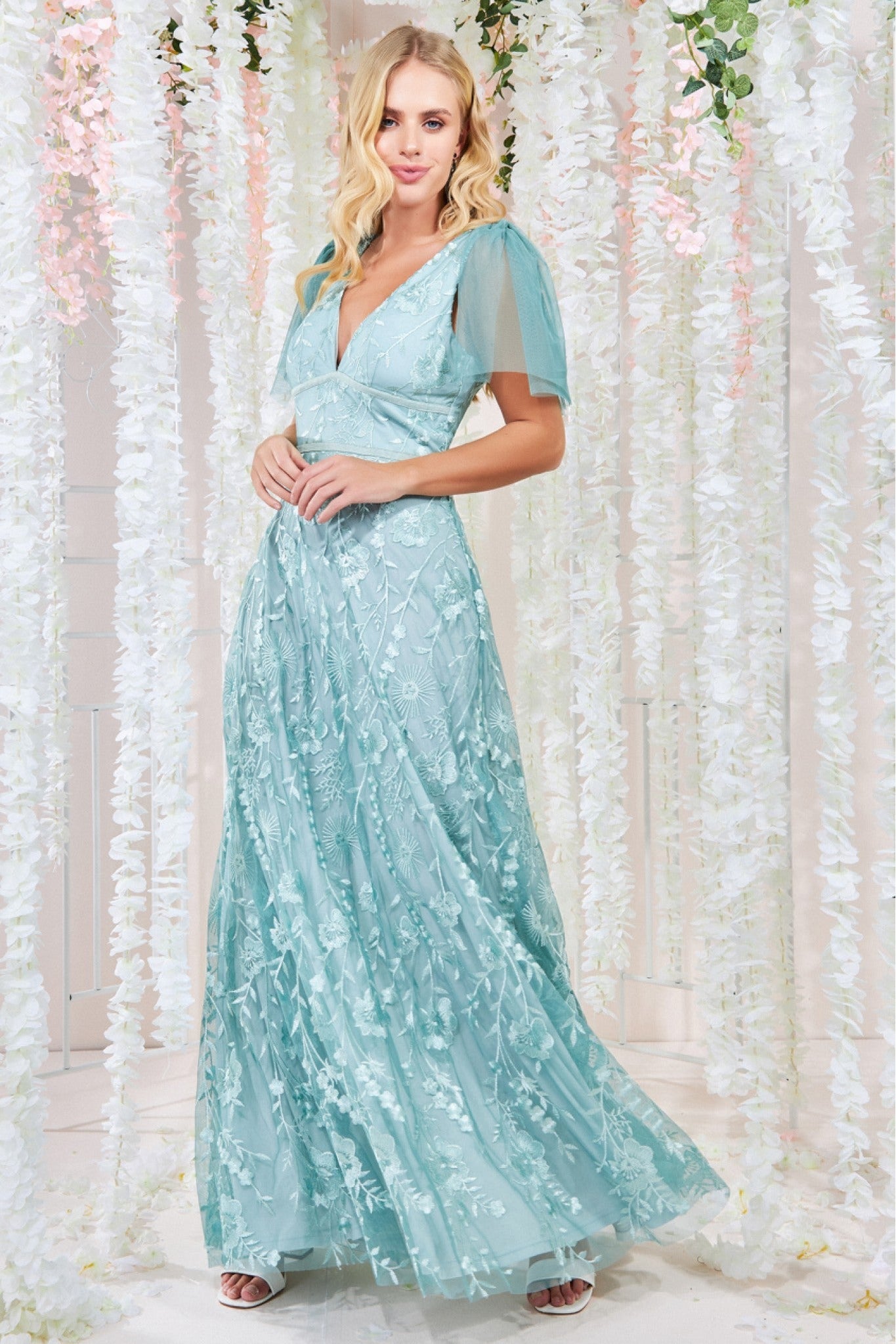 Image of Goddiva Embroidered Lace Maxi Flutter Sleeves - Sage Green