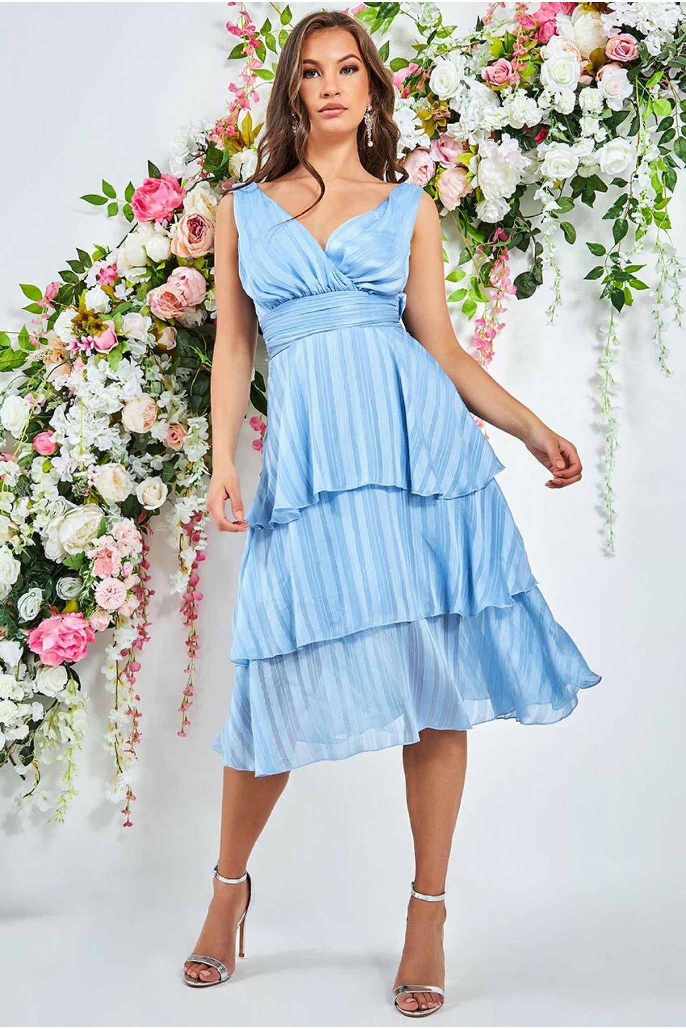 Goddiva Tiered Chiffon Midi Dress - Powder Blue