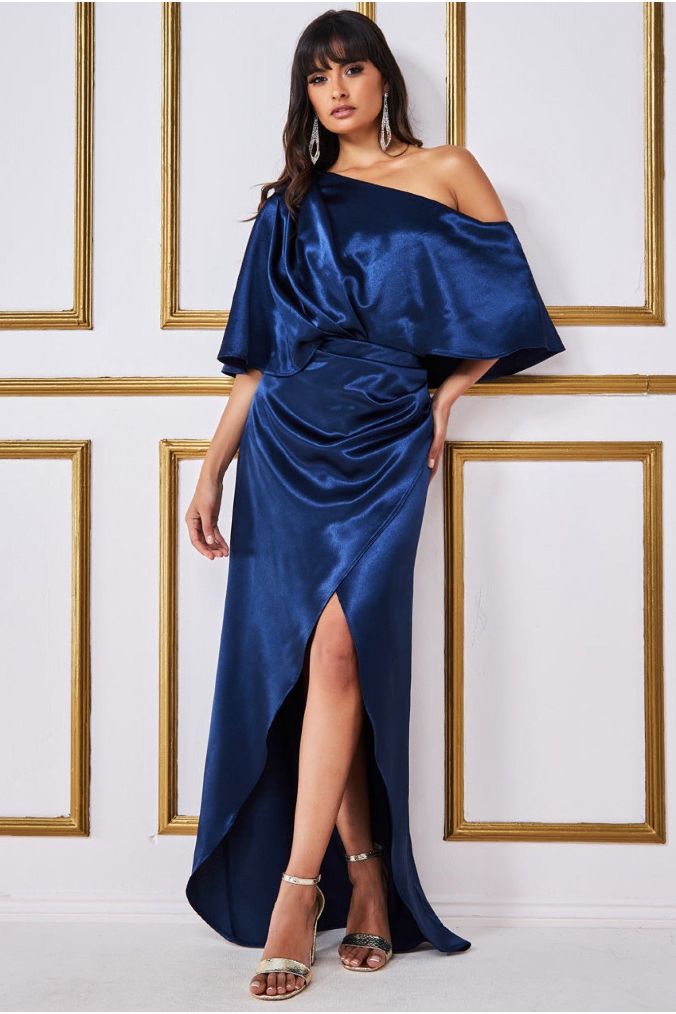 Image of Goddiva Satin Drape Shoulder Wrap Maxi Dress - Navy