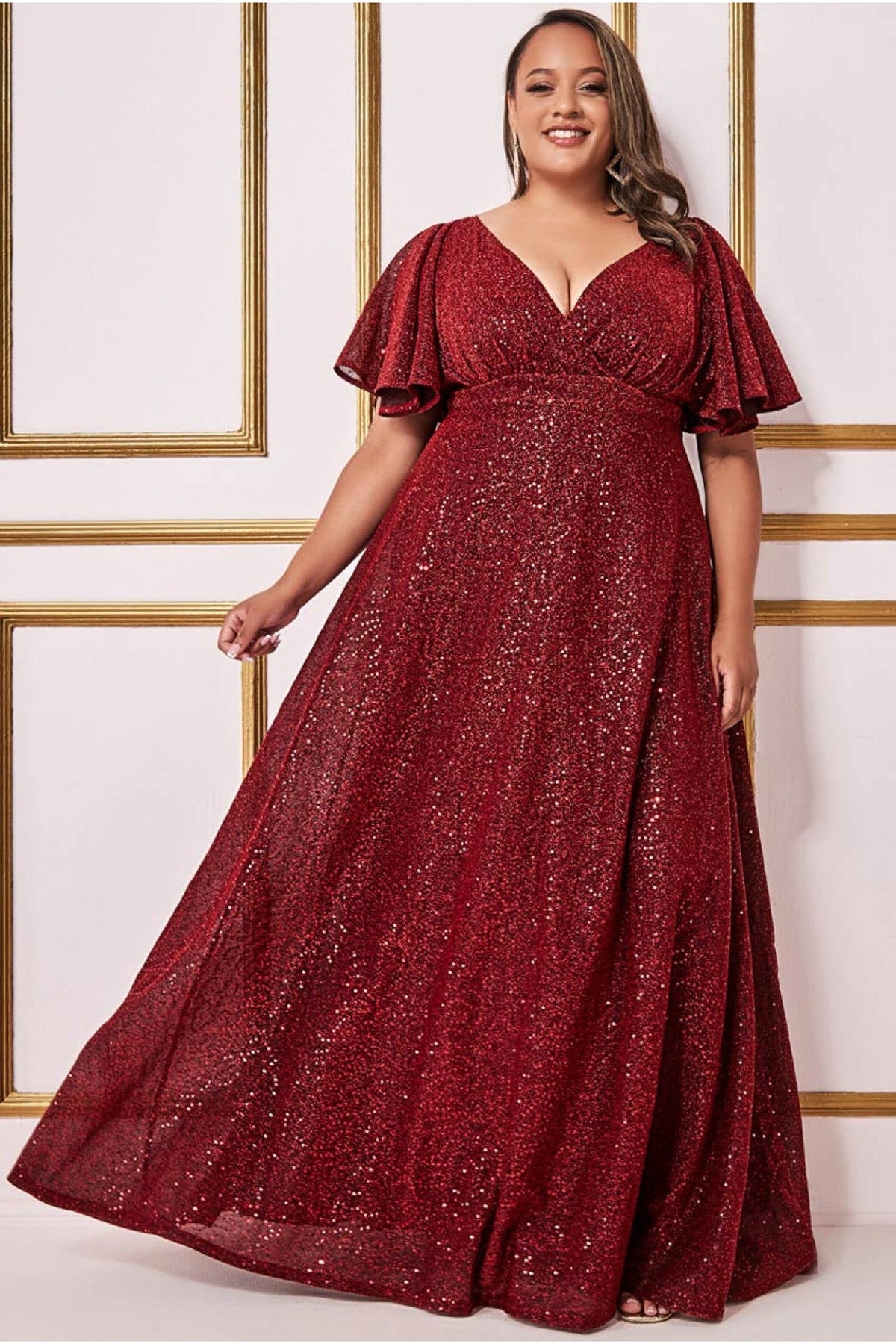 Goddiva Plus Sequin Lurex Flutter Sleeve Maxi - Wine