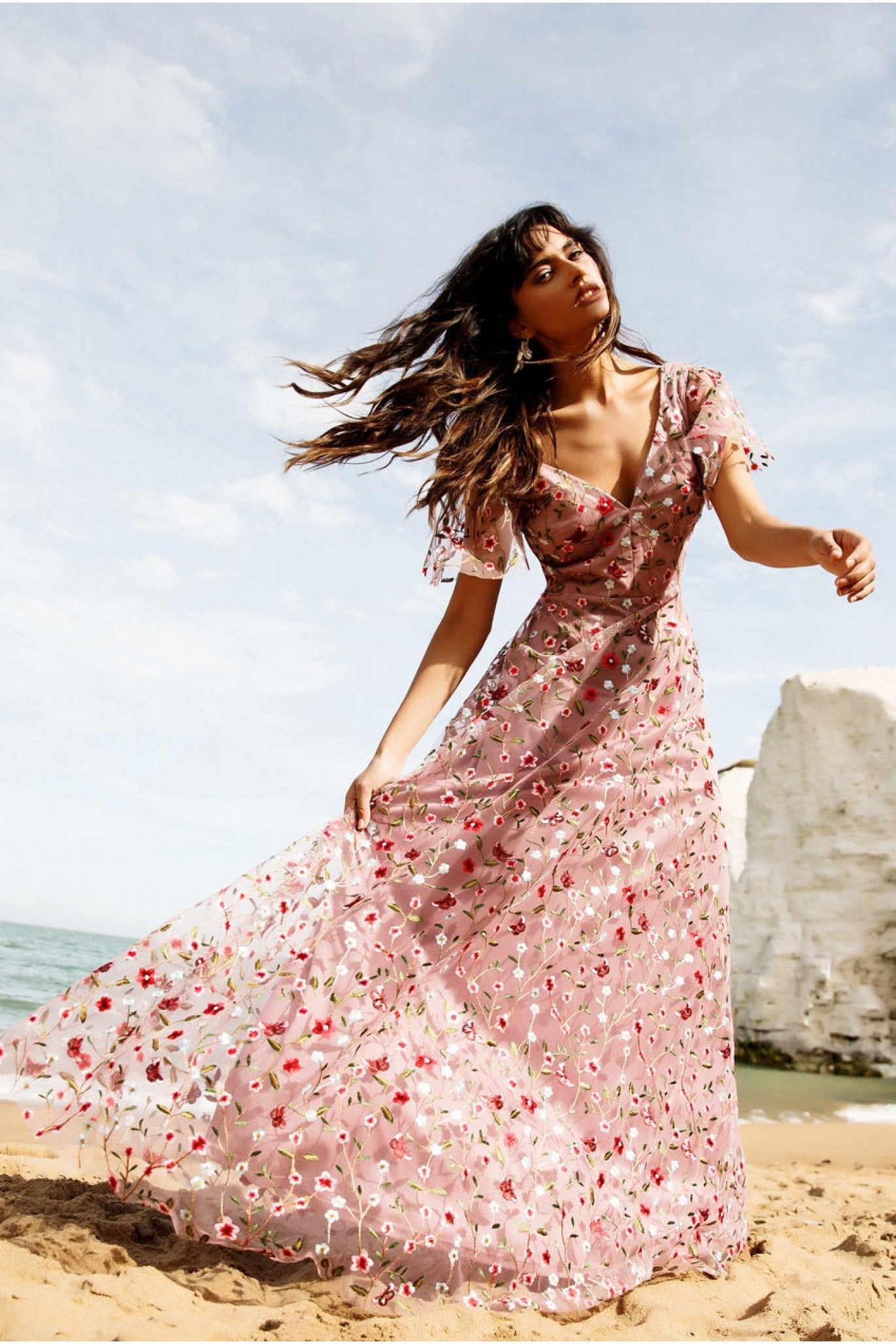 Image of Goddiva Flutter Sleeve Floral Embroidered Maxi - Rose Pink