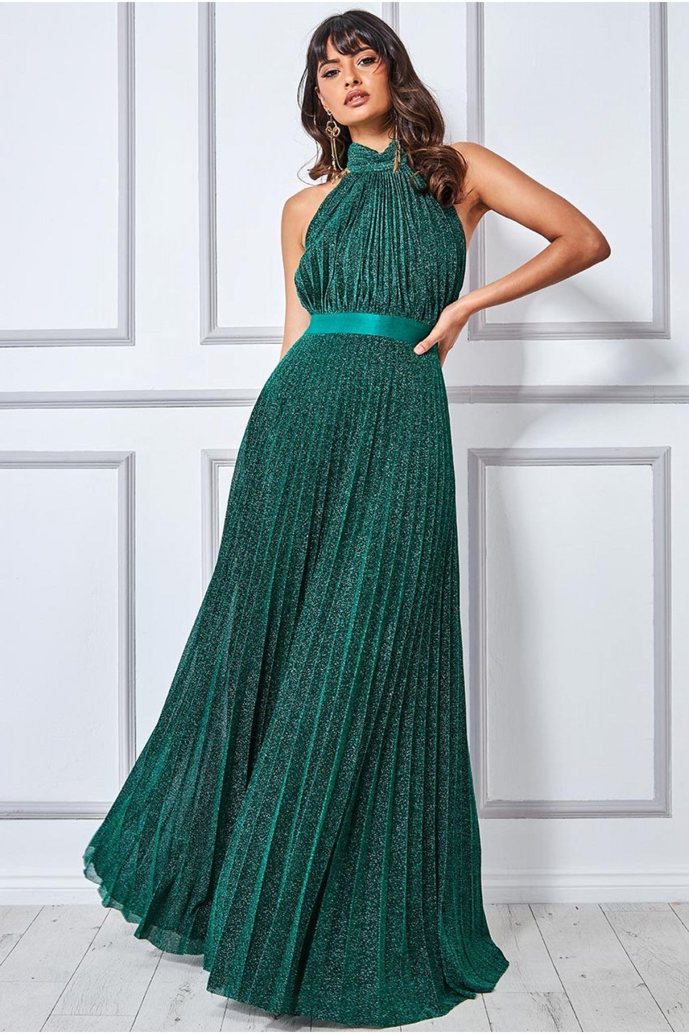 Goddiva Lurex Halterneck Pleated Maxi Dress - Emerald
