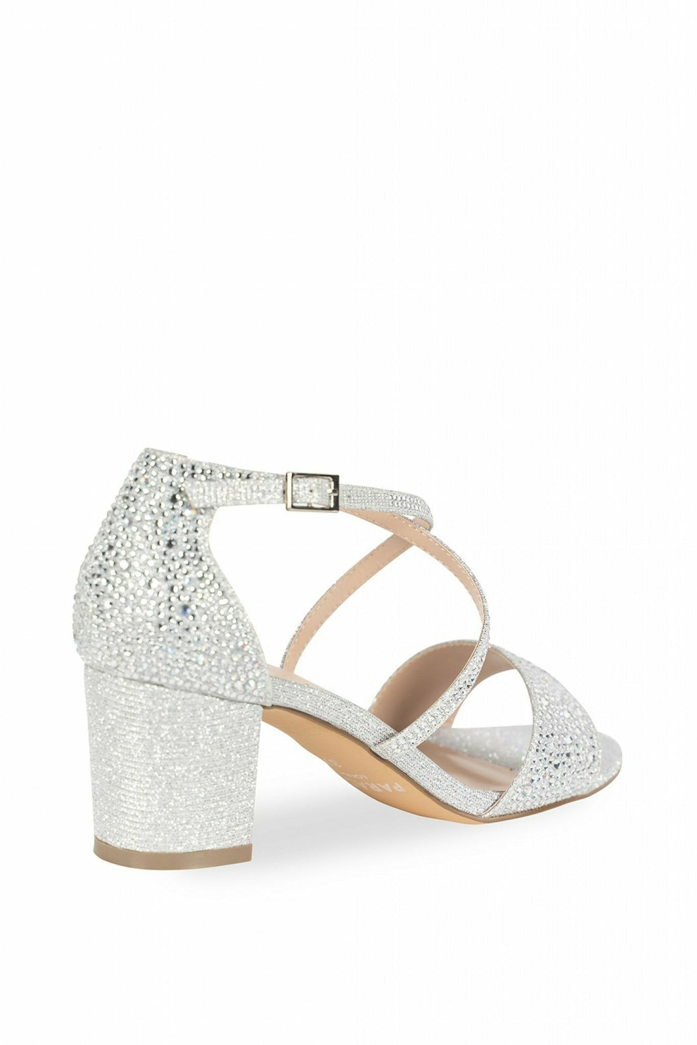 Paradox London Ines - Silver Glitter Mid Block Heel Ankle Strap Sandals ...