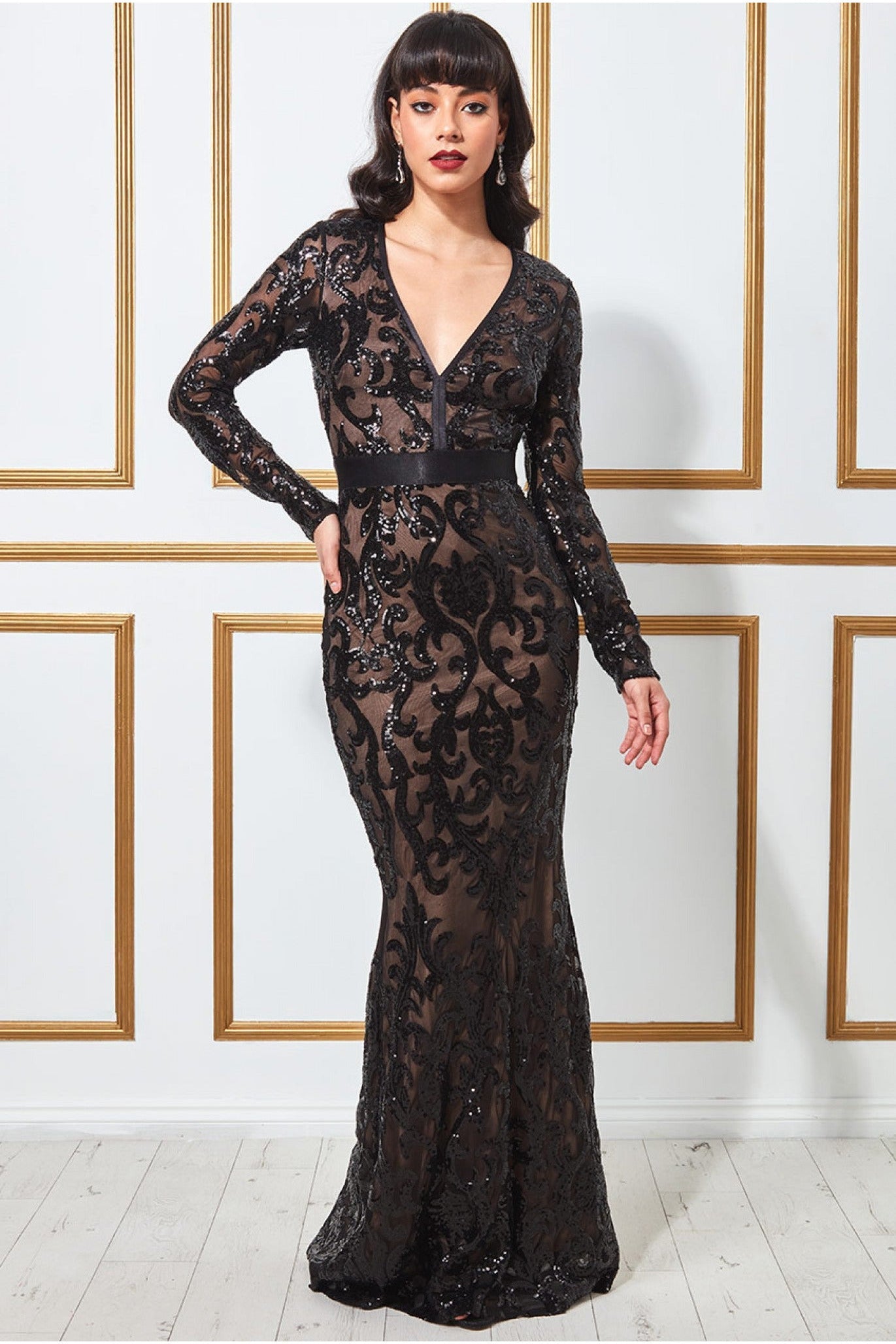 Goddiva Embroidered Sequin & Mesh Maxi Dress - Black