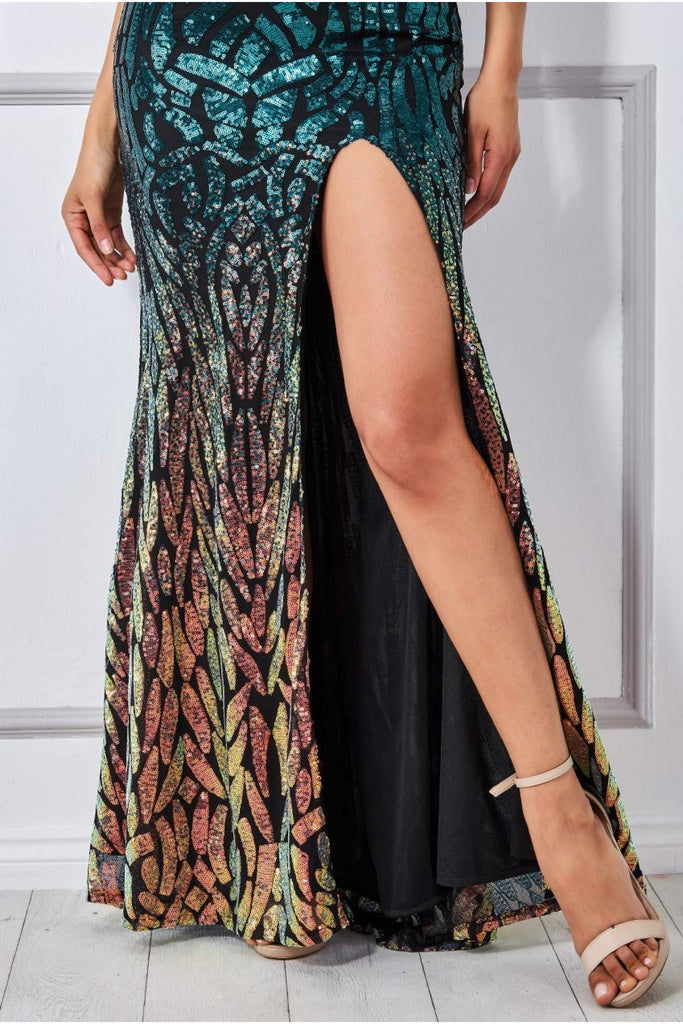 Goddiva Ombre Sequin Halter Maxi With Thigh Split Emerald 