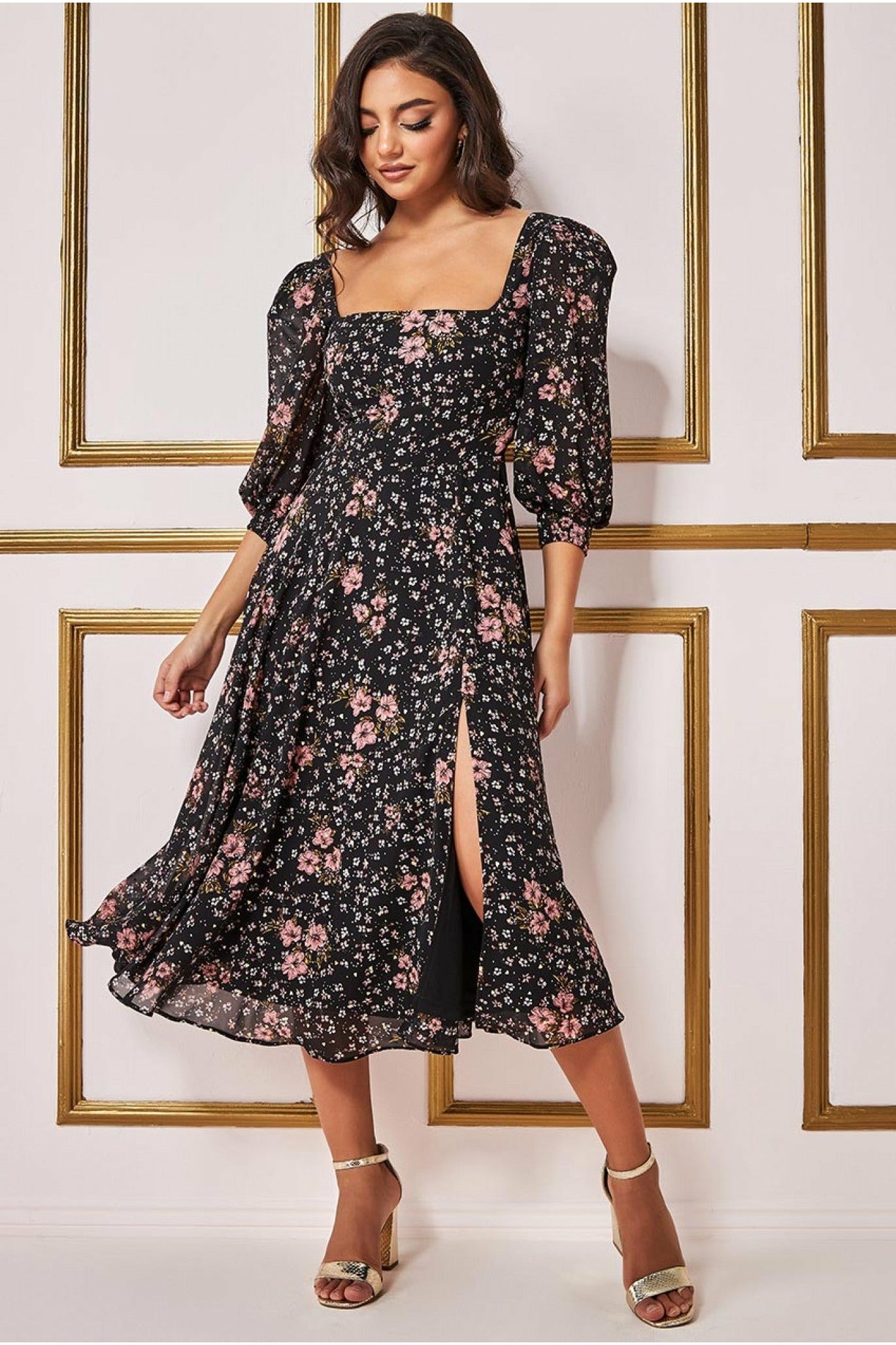 Goddiva Floral Print Shirred Back Midi Dress - Floral Print