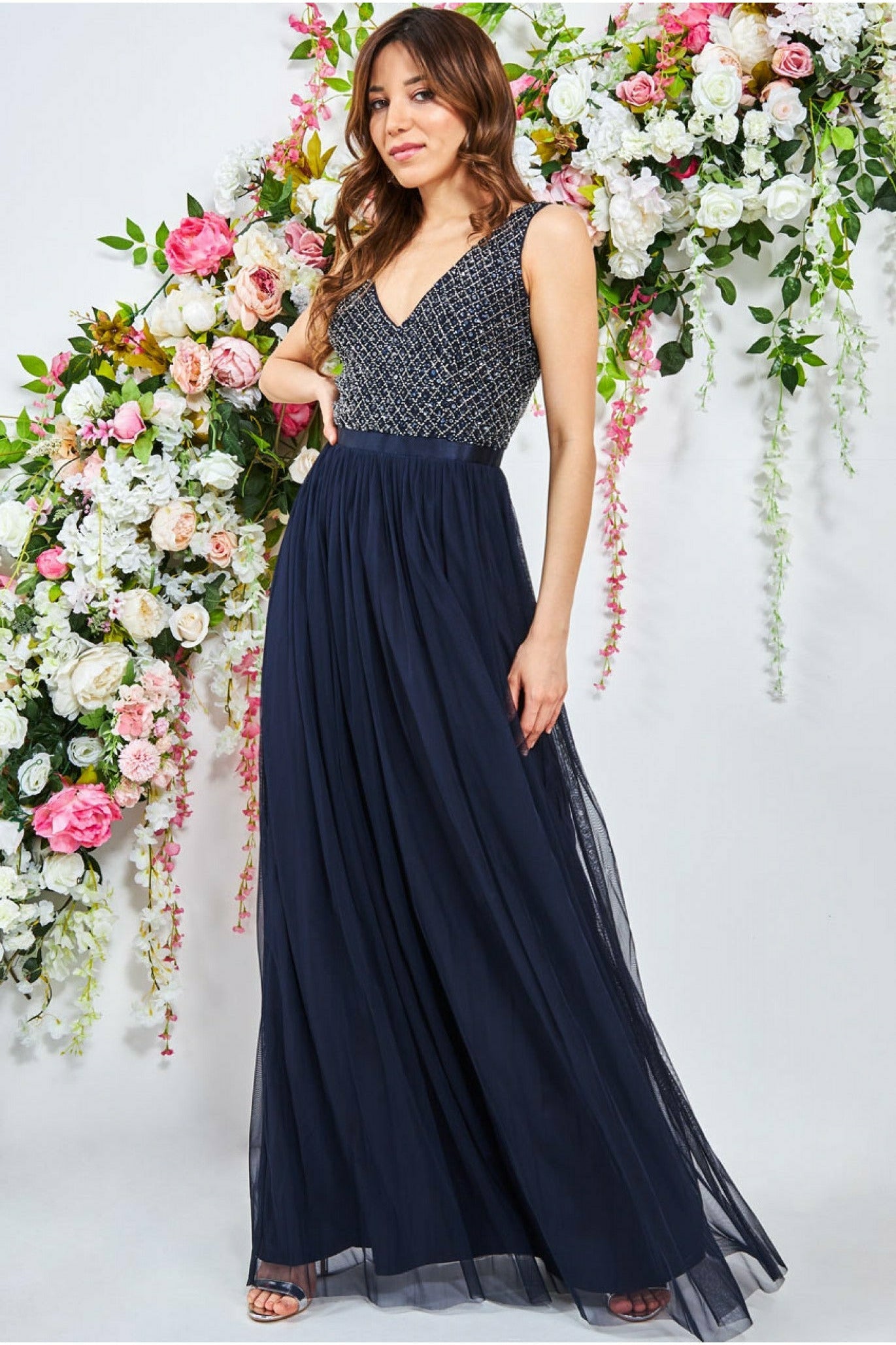 Goddiva Sequin Bodice Pleated Maxi Dress - Navy