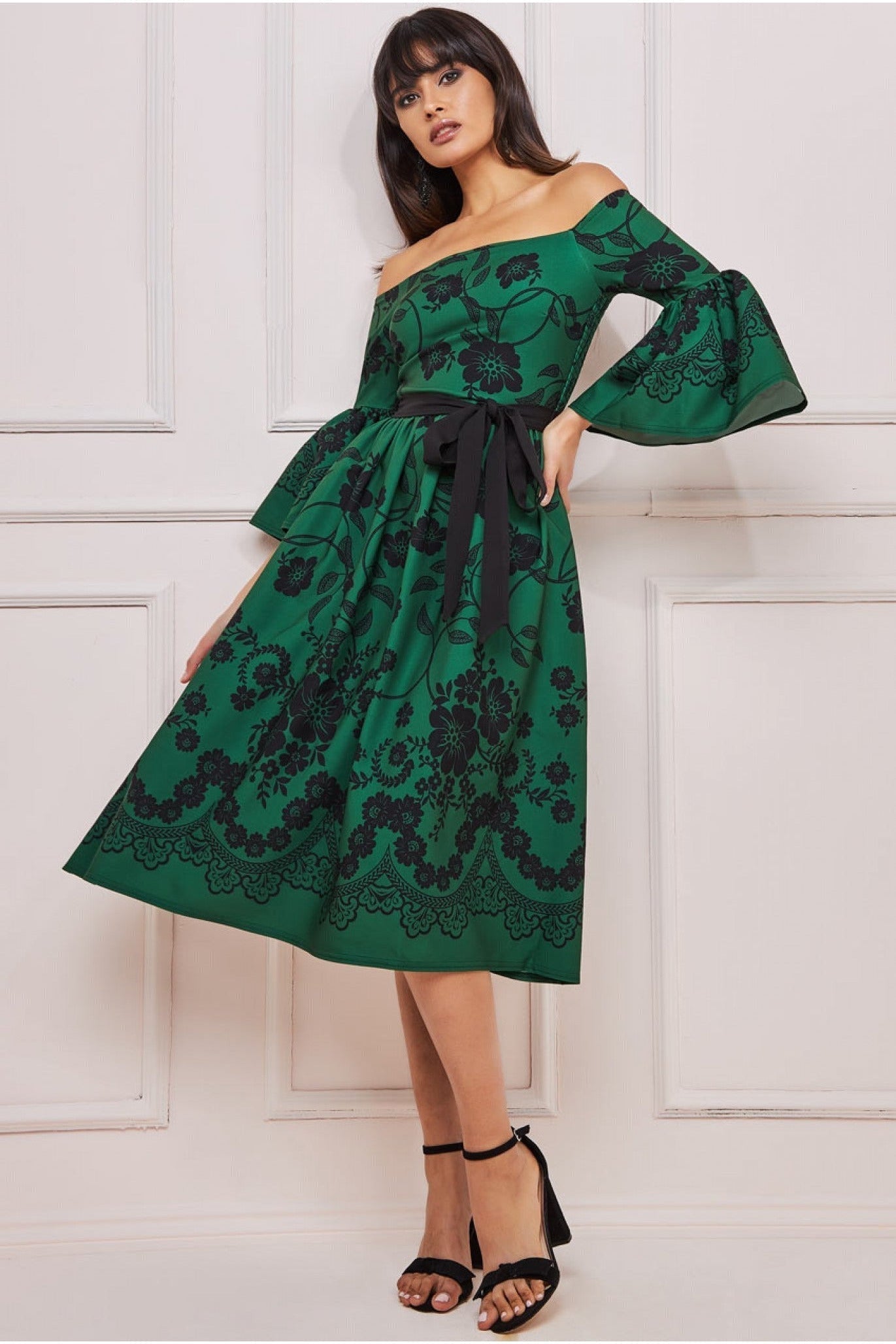 Goddiva Printed Off The Shoulder Midi Dress - Emerald Green