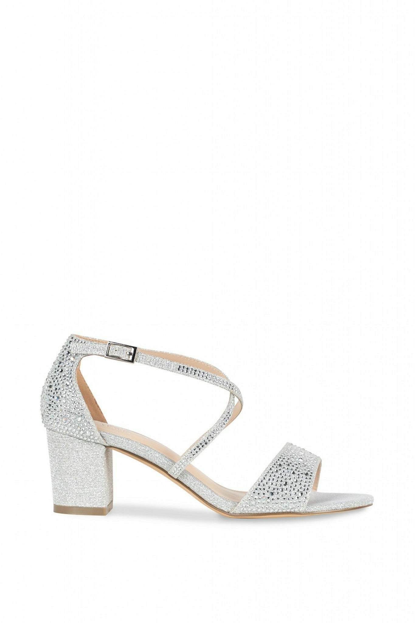 Paradox London Ines - Silver Glitter Mid Block Heel Ankle Strap Sandals ...