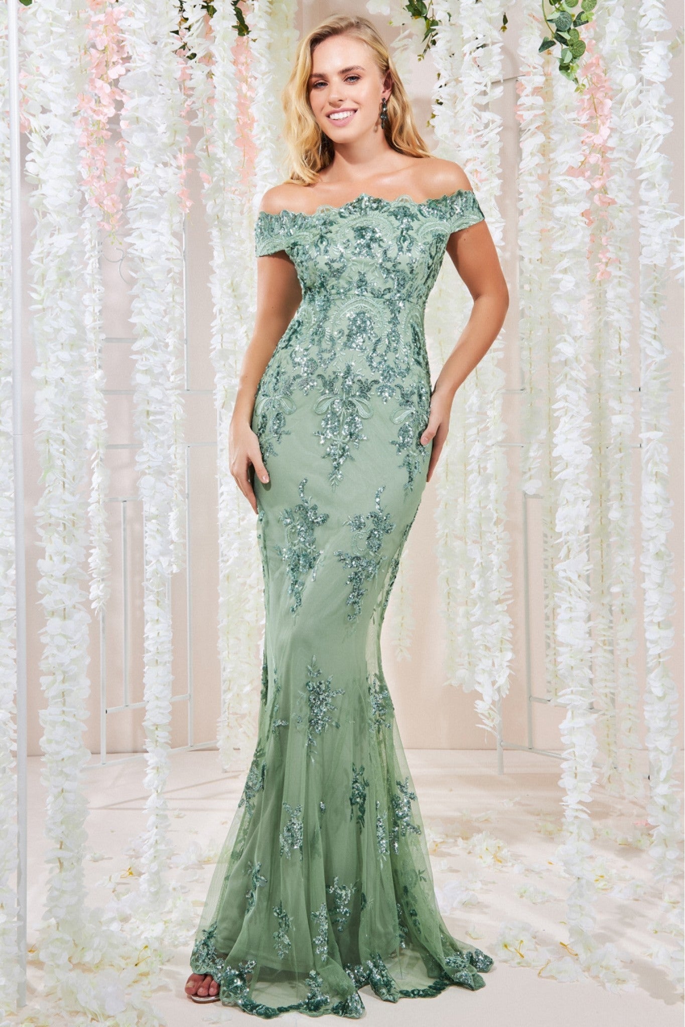 Image of Goddiva Bardot Sequin Embroidered Maxi Dress - Sage Green