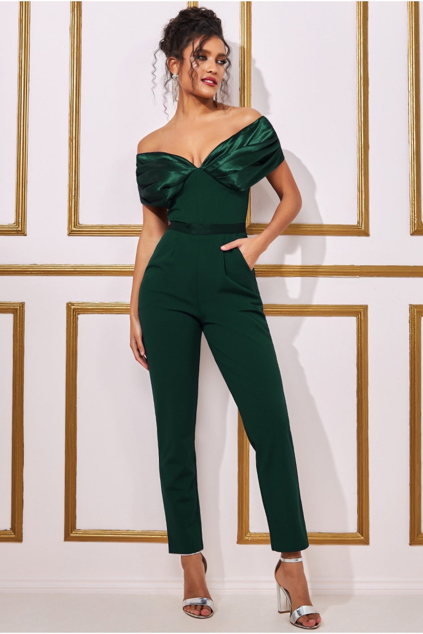 Goddiva Corset Bodice Scuba & Satin Bardot Jumpsuit - Emerald