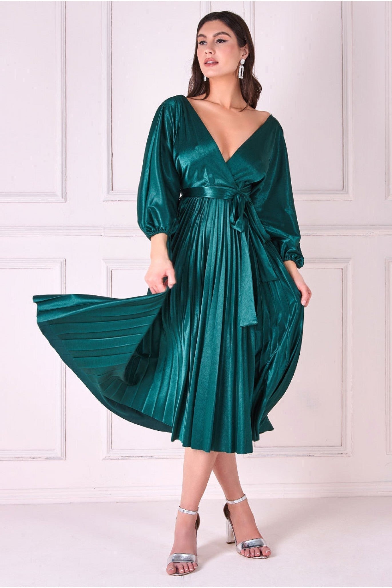 Image of Goddiva Satin Pleated Skirt Wrap Midi Dress - Emerald Green