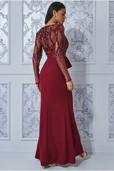 Sequin Bodice With Front Frill Maxi - Wine Goddiva