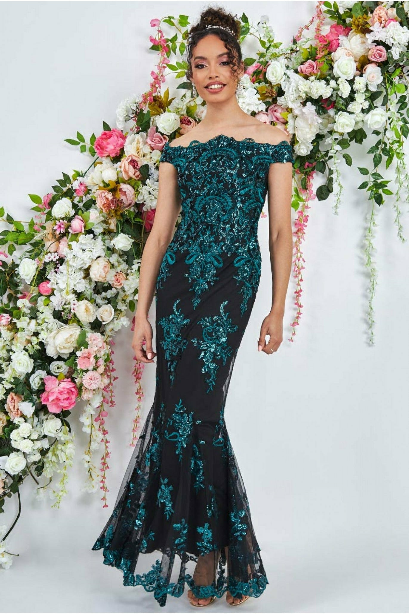 Goddiva Bardot Sequin Embroidered Maxi Dress - Emerald Green