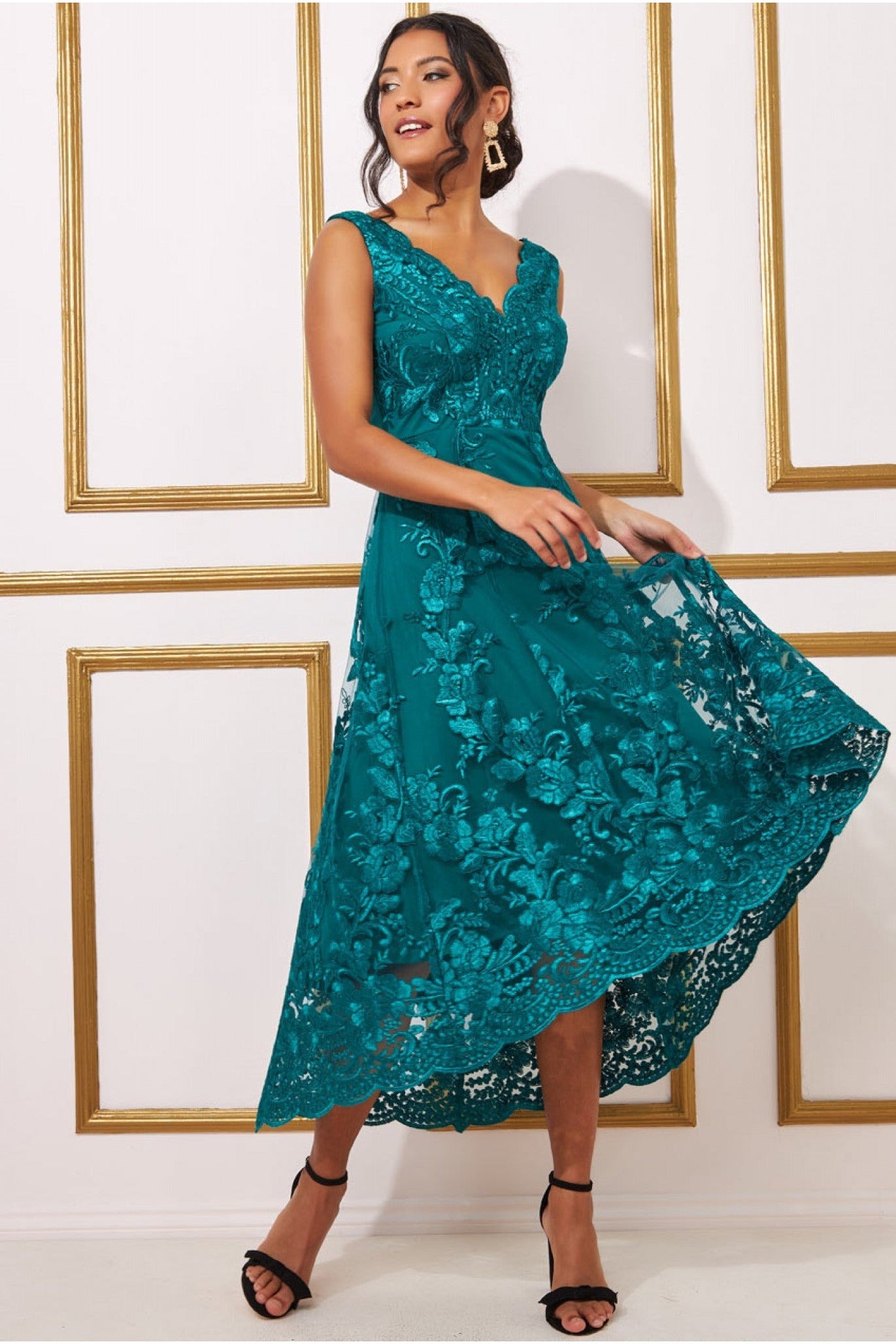Goddiva Scalloped Neck Lace Midi Dress - Emerald