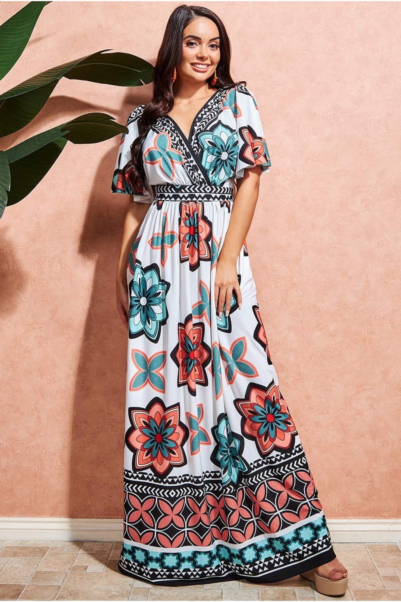 Image of Goddiva Printed Flutter Sleeve Maxi Dress - Cream