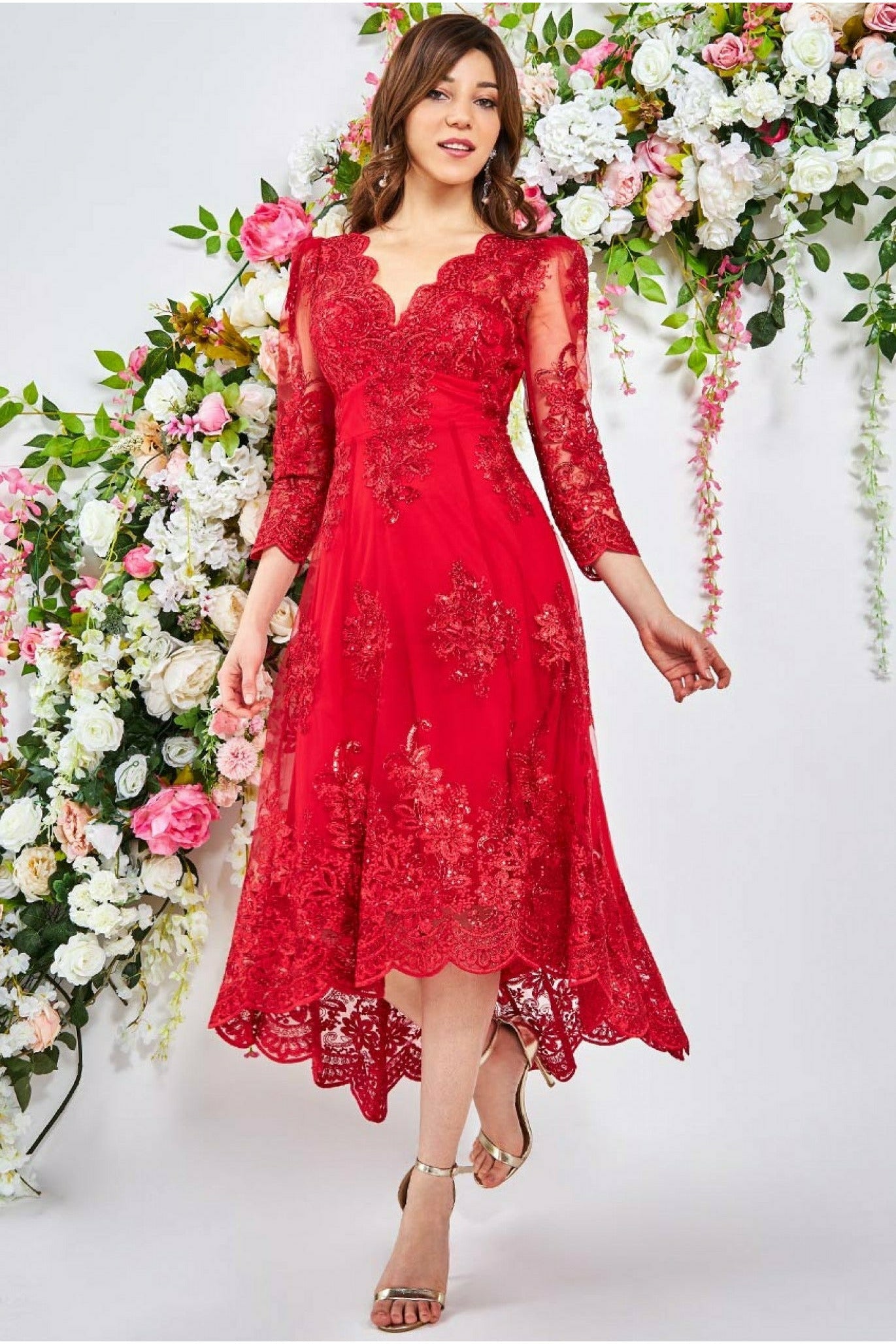 Goddiva Scalloped Lace High Low Midi Dress - Red