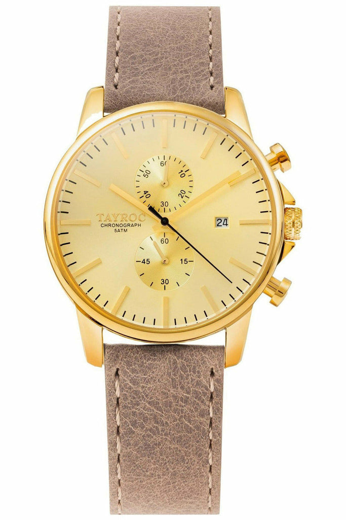 TAYROC GOLD WATCH WITH BROWN LEATHER STRAP, £110