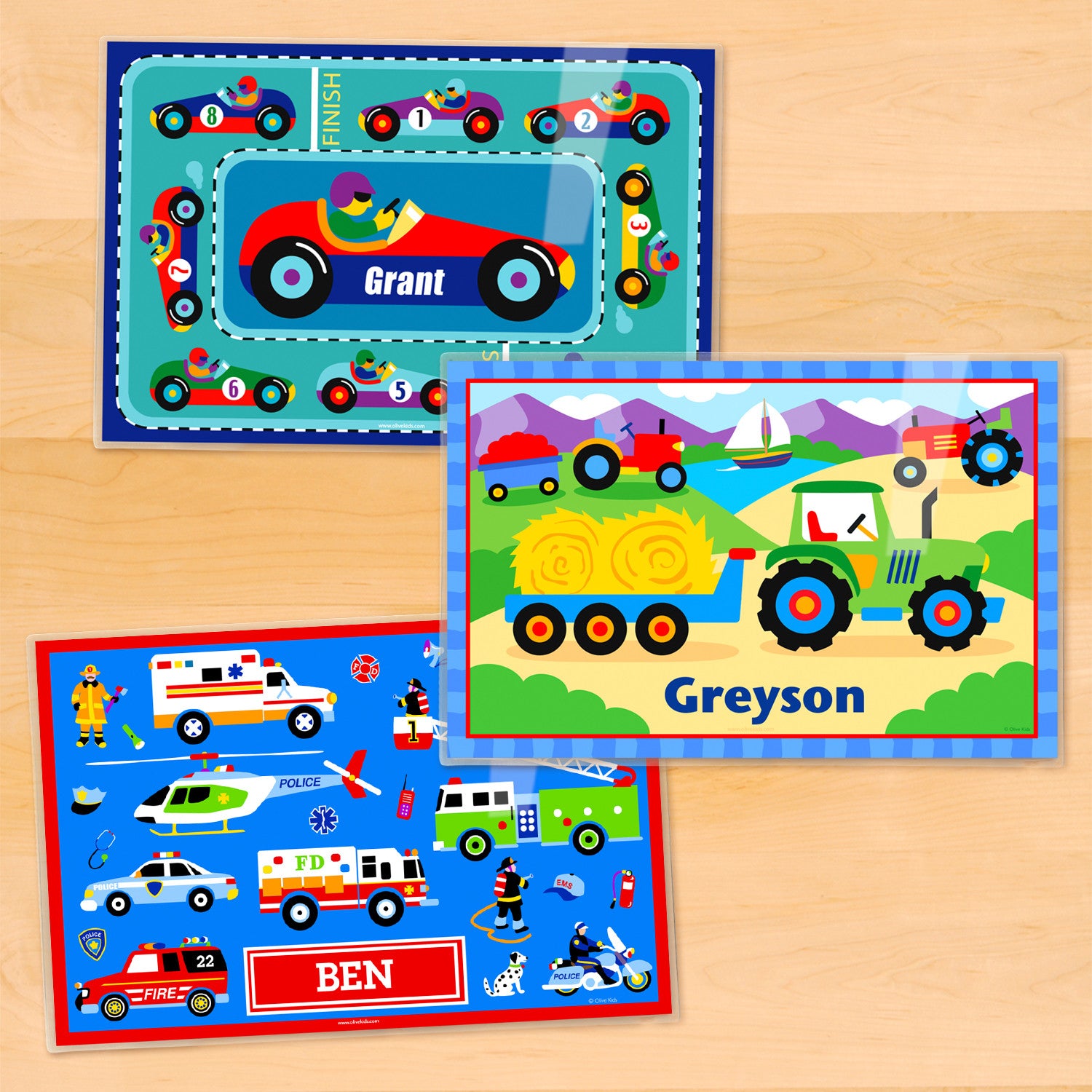 Transportation Personalized Kids Placemat Set of 3 Art Appeel