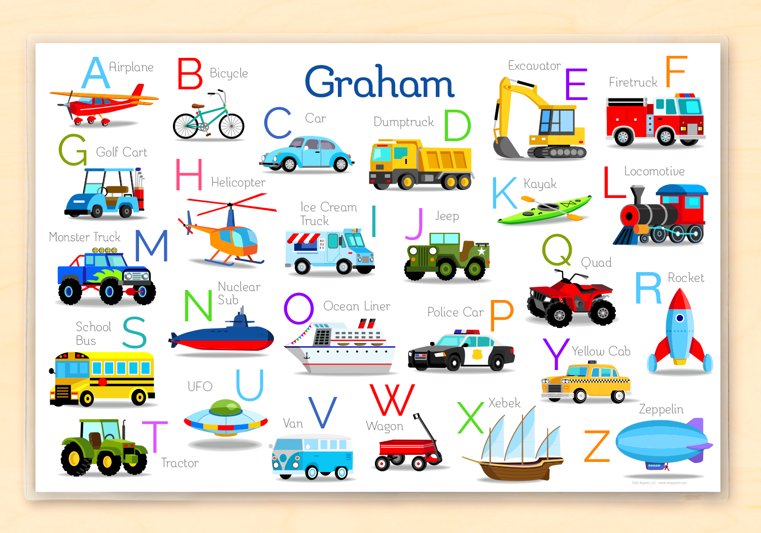 Vehicle Alphabet Personalized Kids Placemat Art Appeel