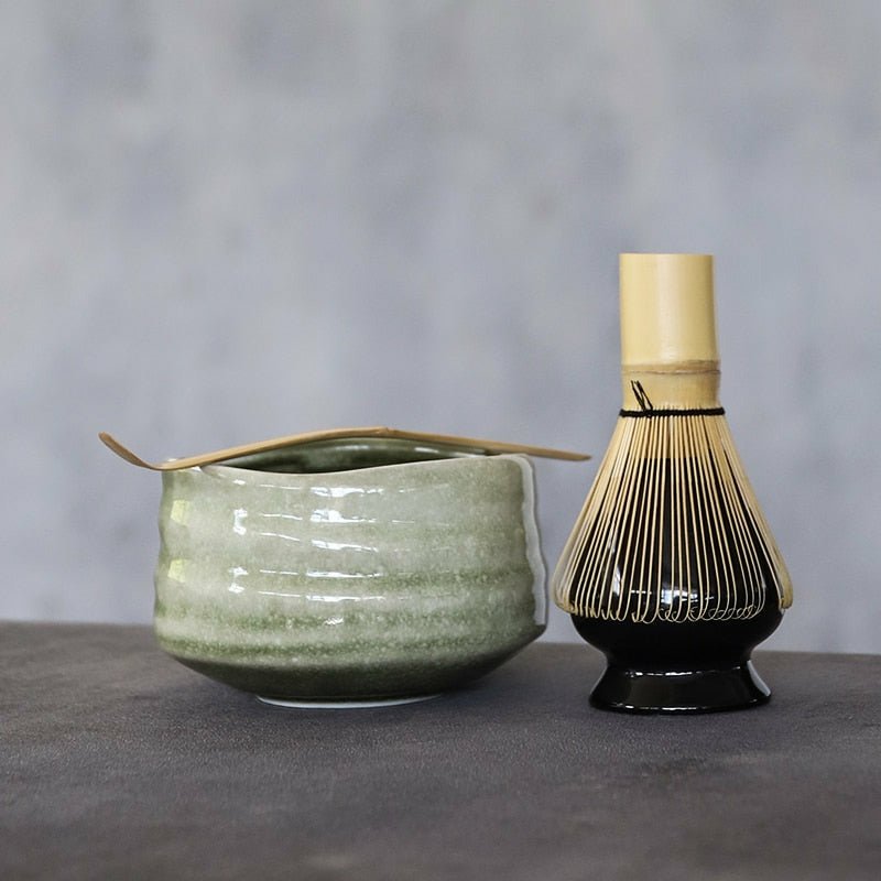 Japanese ceramic matcha set with a natural bamboo whisk