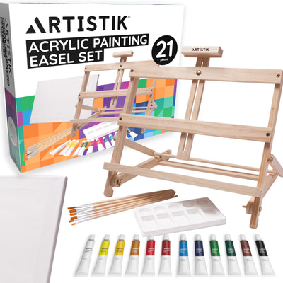 Mixed Media Art Set - 34 Piece, Easel Painting Kit with Wood Table Desk Top  Easel Box Includes Acrylic Paints, 3 Canvas Boards, Pastels, Desktop Art