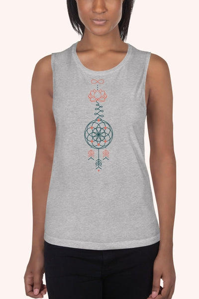 women's healther grey dropped armhole muscle tank with lotus flower print by pixibu apparel