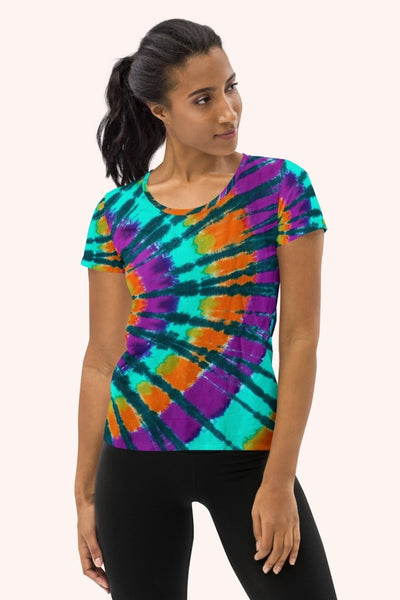 woman wearing tie dye athletic t-shirt by pixibu apparel