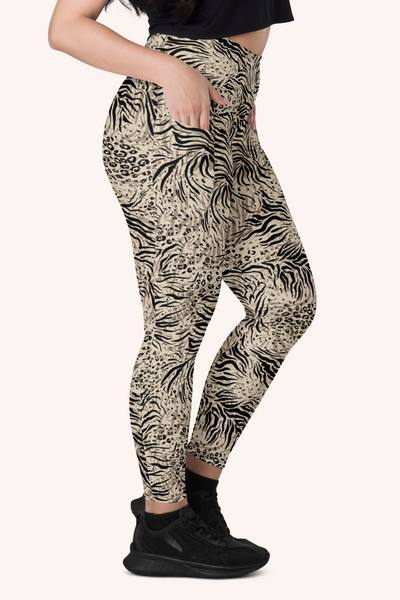 beige and black animal print leggings with pockets by PIXIBU apparel