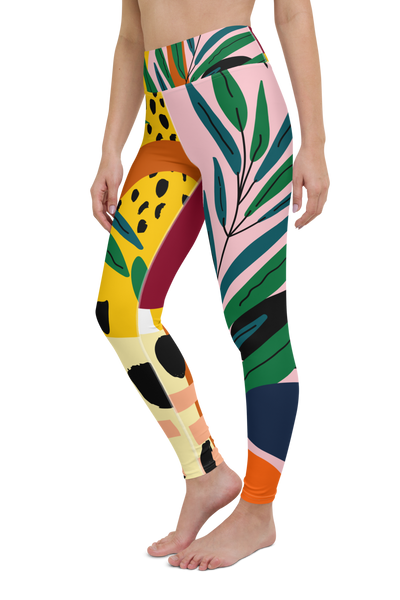 botanic print floral animal print high rise leggings in pink green black red orange and yellow by pixibu apparel