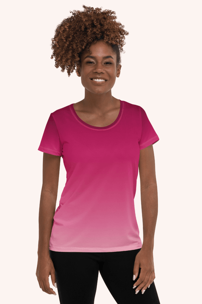 front view of woman wearing pink ombre athletic top by pixibu apparel