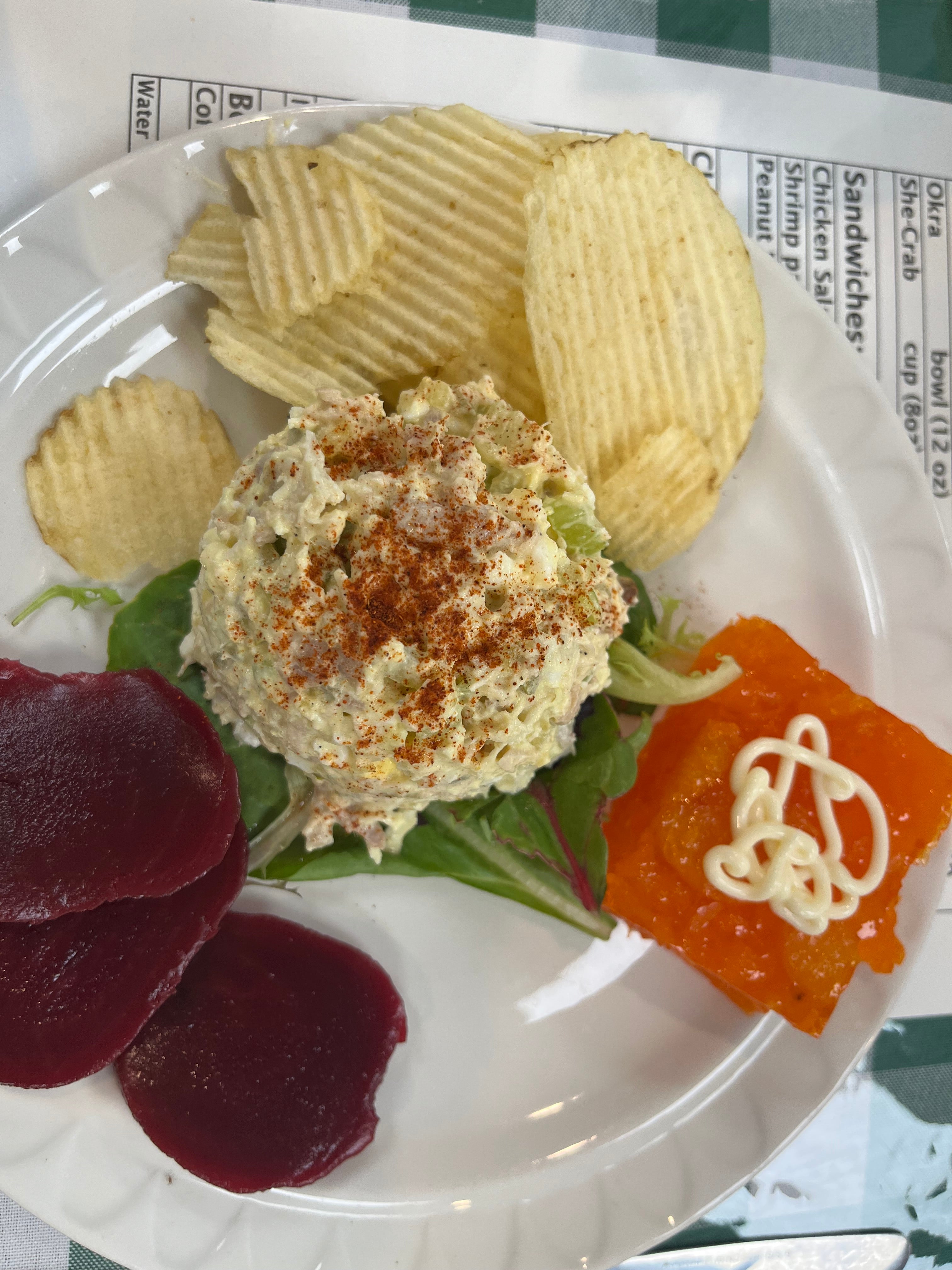 plate of chips, chicken salad, tomato