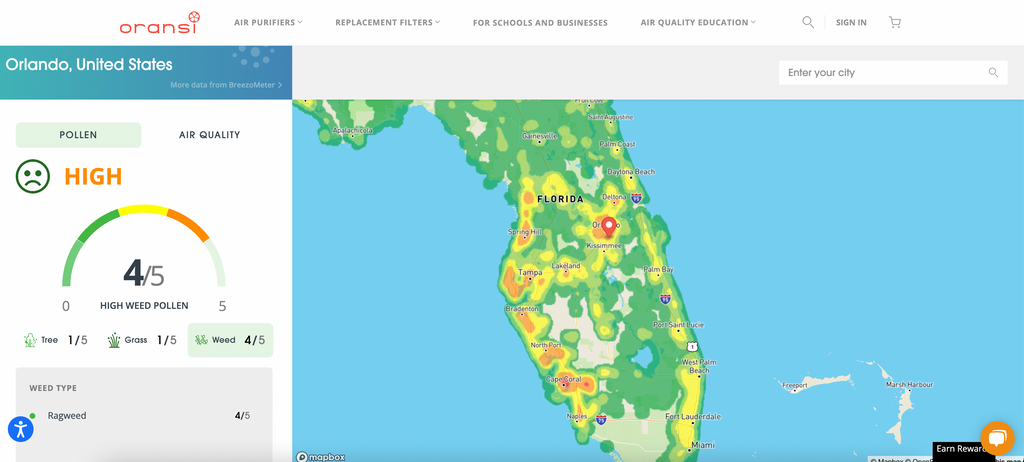 high ragweed pollen in Orlando Florida