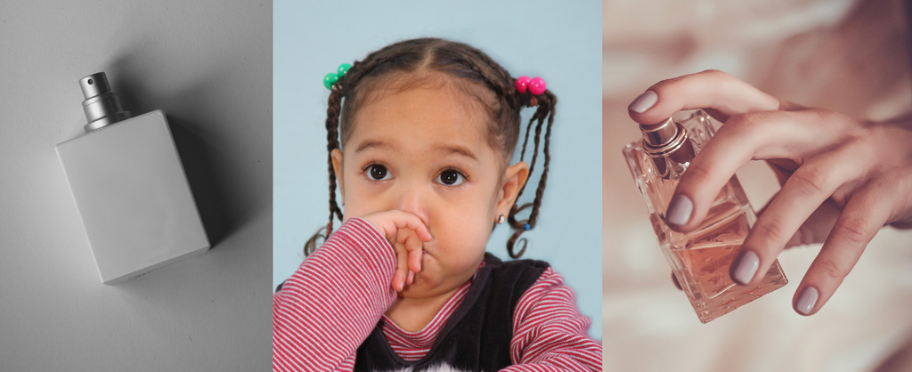 Two images of perfume bottles and a young child holding their nose at the smell