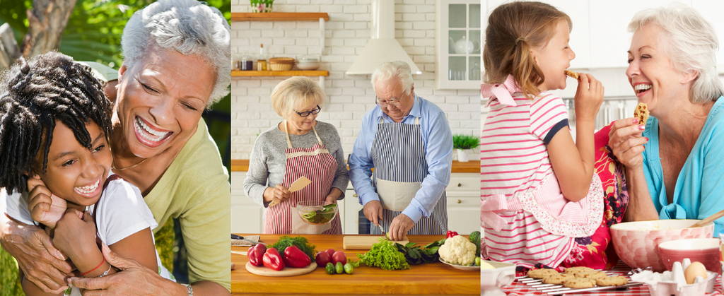 An older couple cooking together, grandmothers with their grandchildren