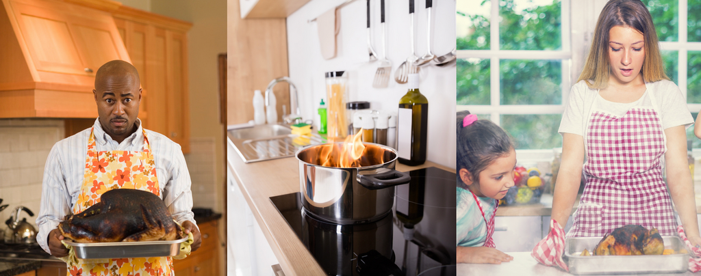 Two images of people with burnt turkeys and one with an open flame on the stove