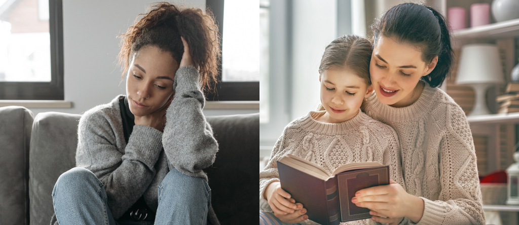 Airborne viruses are spread in the winter: side by side of mother and daughter reading and woman feeling sick