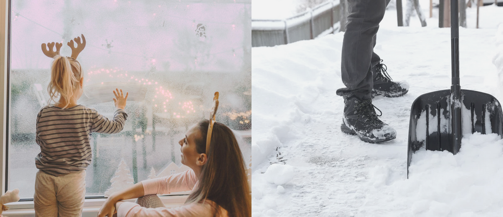 ambient air quality is worse in the winter: photo of shoveling snow and family inside during winter