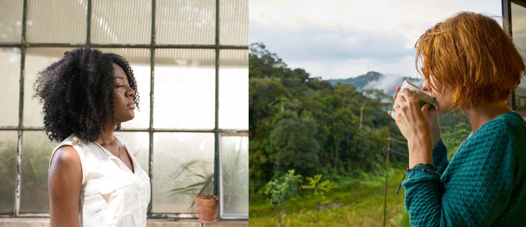 side by side photo of two women breathing and drinking coffee