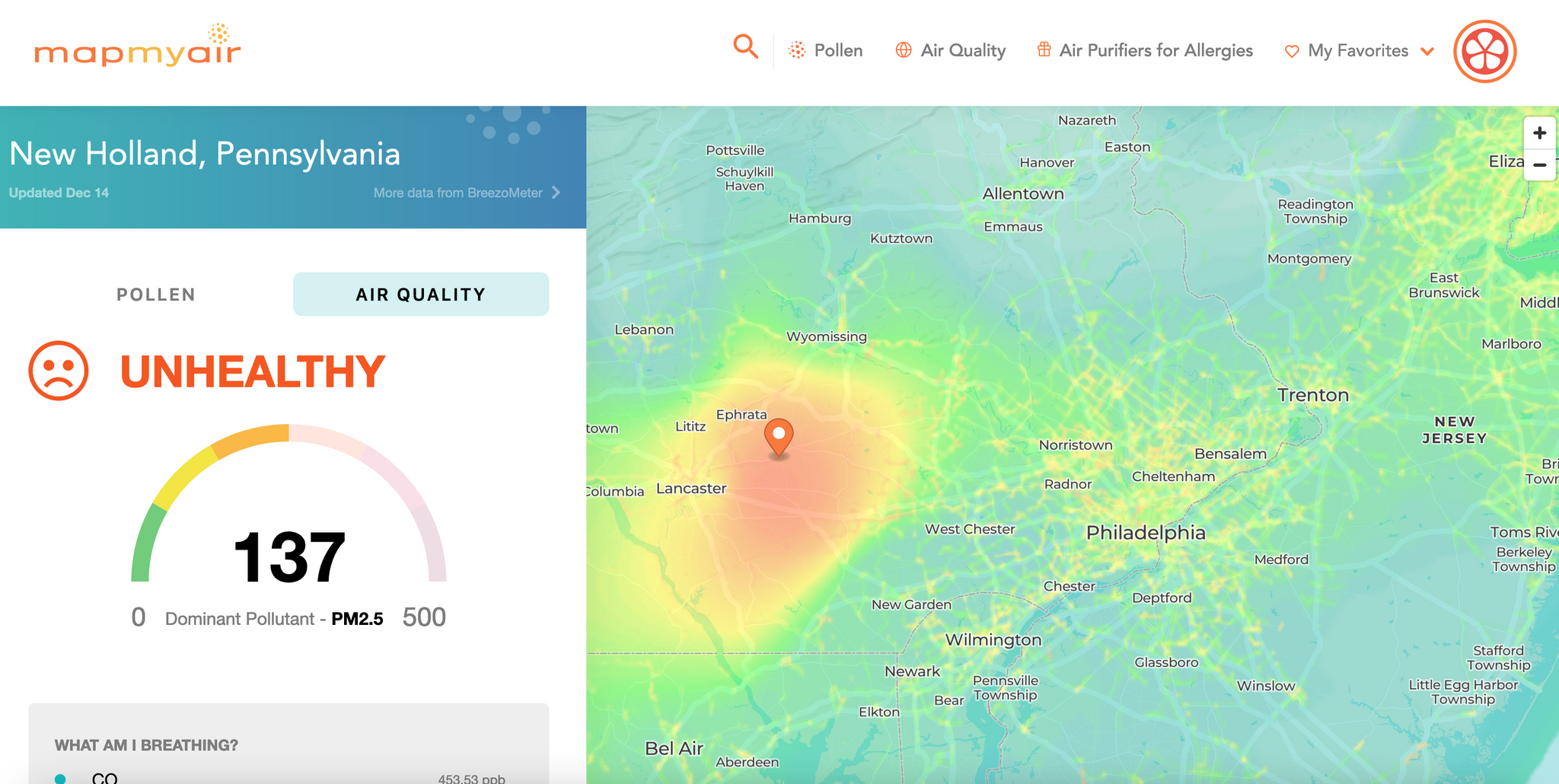 MapMyAir screenshot showing unhealthy air quality 