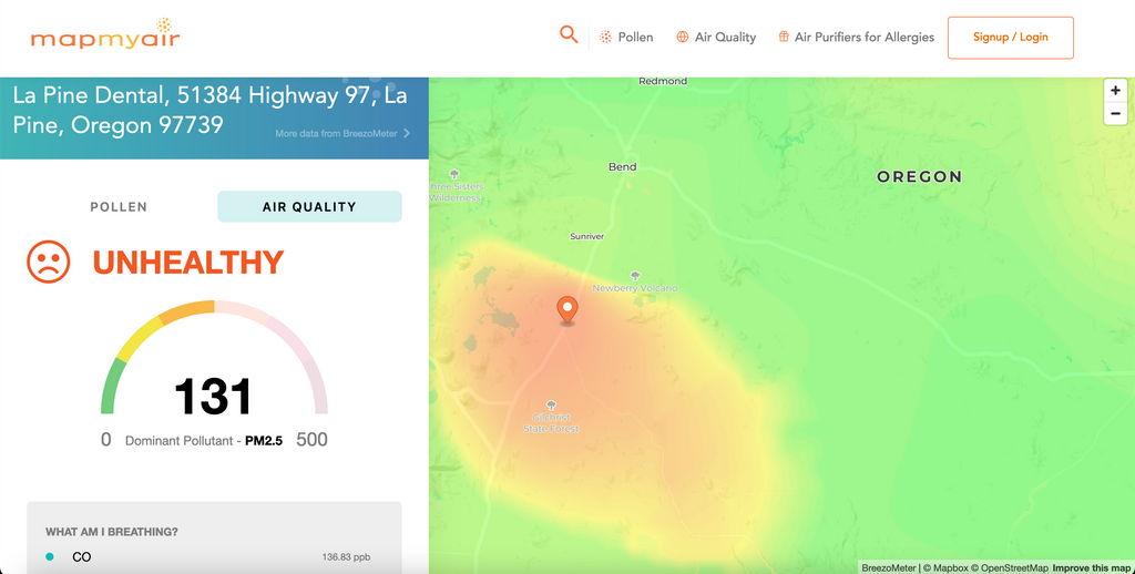 Screenshot of Oransi's MapMyAir website showing unhealthy air quality