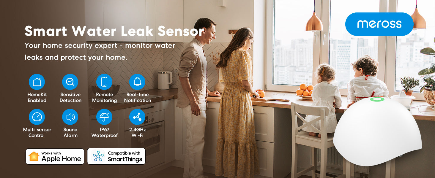 meross Smart Water Leak Detector, WiFi Water Sensor Support Apple HomeKit,  SmartThings, IP67 Waterproof with App Alerts, Audio Alarm, 100M Range for