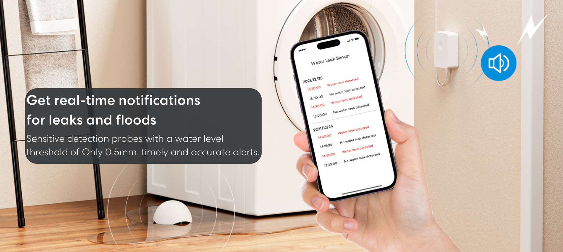  meross Detector inteligente de fugas de agua, sensor de agua  WiFi compatible con Apple HomeKit, SmartThings, IP67 resistente al agua con  alertas de aplicaciones, alarma de audio, alcance de 328.1 ft 