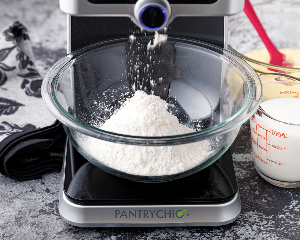 Using the PantryChic to dispense the dry ingredients